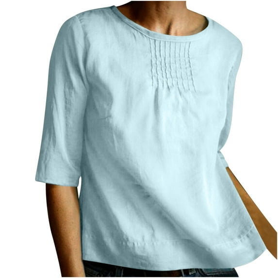Fouhkni Cotton Linen Tops for Women Half Sleeve Crew Neck Solid Color Lightweight Oversized Tshirts