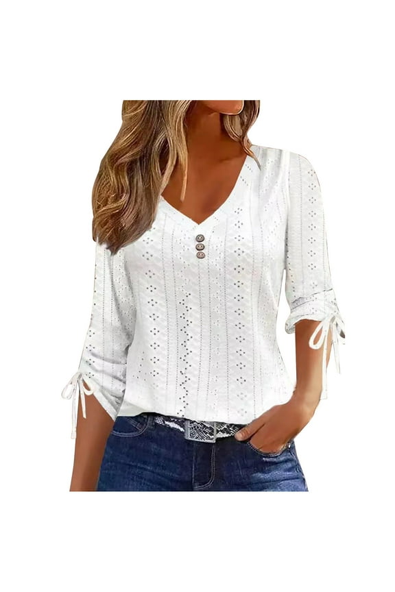 Eyelet Tunic Tops for Women 3/4 Sleeve Drawstring Button V Neck Loose Fitted Casual Shirts