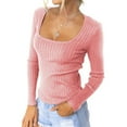 thumbnail image 1 of Fouhkni Going out Tops for Women Fall Square Neck Low Cut Long Sleeve Shirts Ribbed Basic Tees Tops, 1 of 8