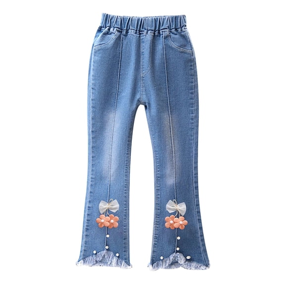 Fouhkni Kids Girls Flared Jeans Casual Solid Color Ruffle Denim Bell-Bottoms Mid Waist Pull On Jeggings