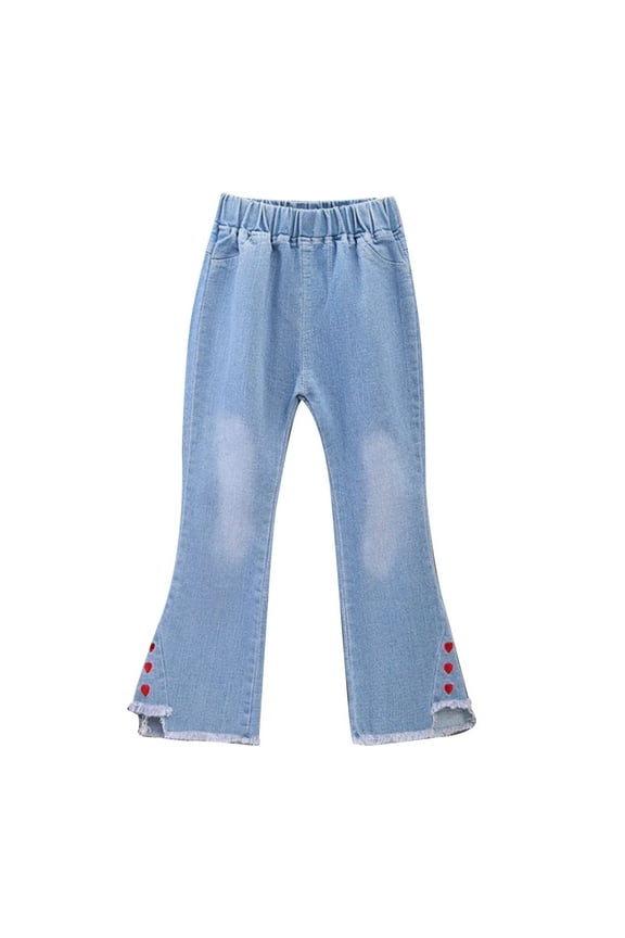 Kids Girls Flared Jeans Casual Solid Color Ruffle Denim Bell-Bottoms Mid Waist Pull On Jeggings