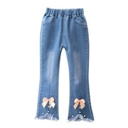 FOUHKNI Kids Girls Flared Jeans Casual Solid Color Ruffle Denim Bell-Bottoms Mid Waist Pull On Jeggings