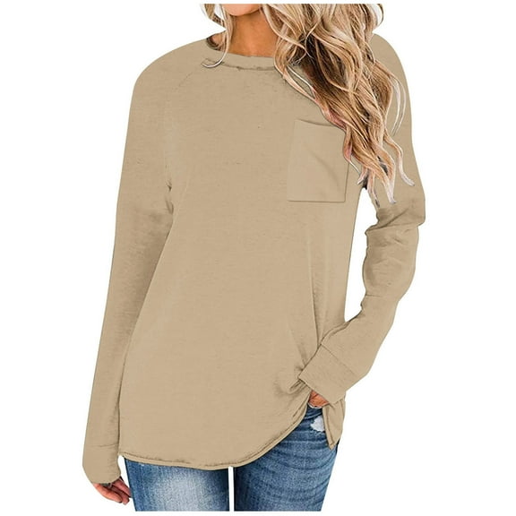 Fouhkni Long Sleeve Shirts for Women Crew Neck Casual Basic Tees Soft Loose Solid Color Fall Tops