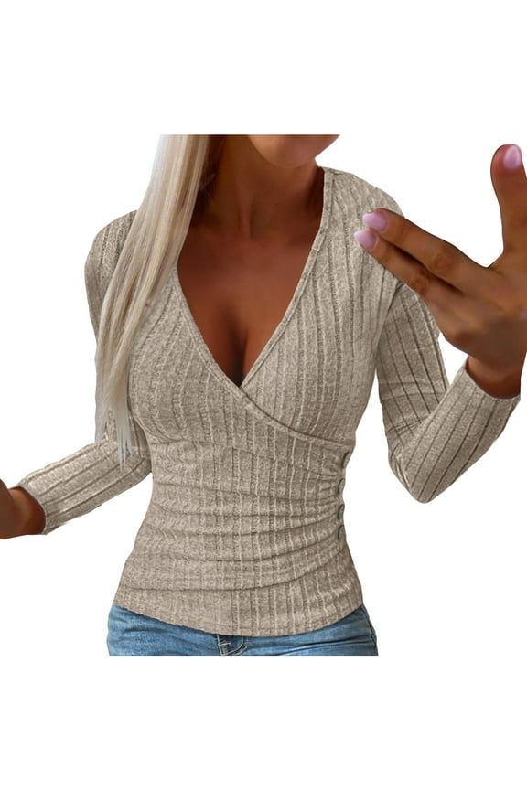 Long Sleeve Shirts for Women Ribbed Knit Low Cut V Neck Slim Fitted Ruched Waisted Fall Tops