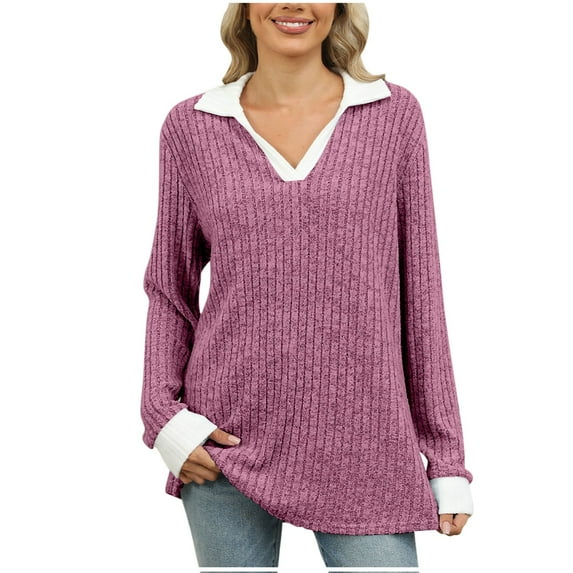 Fouhkni Long Sleeve Tops for Women Ribbed Knit V Neck Collared Loose Fitted Casual Lightweight Fall Tees