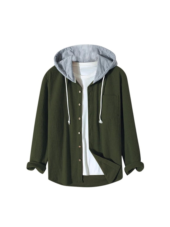 Mens Hoodies Long Sleeve Button down Hooded Shacket Fall Fashion Textured Jacket with Pocket