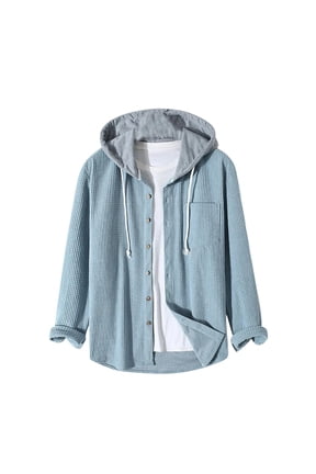 Mens Hoodies Long Sleeve Button down Hooded Shacket Fall Fashion Textured Jacket with Pocket