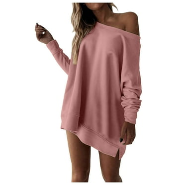 Fouhkni Off the Shoulder Sweatshirt for Women Long Sleeve Crewneck Solid Color Loose Pullover Tops