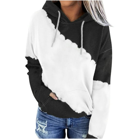 Fouhkni Ovesized Hooded for Women Drawstring Neck Long Sleeve Sweatshirts Color Block Pullover Tops