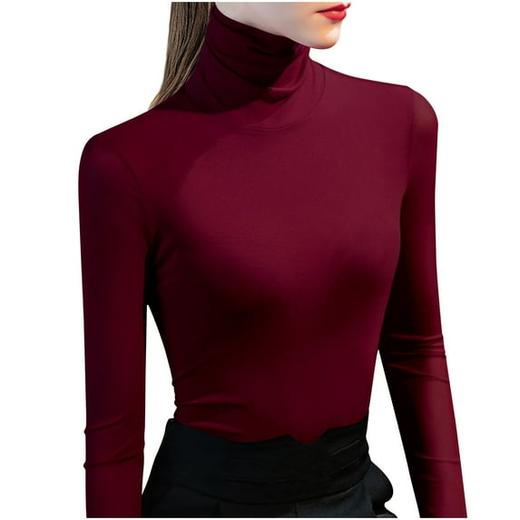 Fouhkni Plus Size Tops for Women Long Sleeve High Neck Slim Fitted Basic Solid Color Undershirts