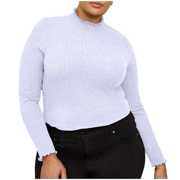 Fouhkni Plus Size Tops for Women Long Sleeve Ruffle High Neck Slim Fitted Fall Casual Undershirts