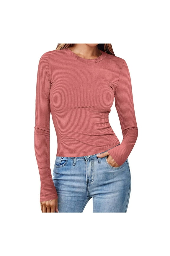 Ribbed Knit Tops for Women Long Sleeve Crewneck Slim Fitted Solid Color Basic Tee Blouses