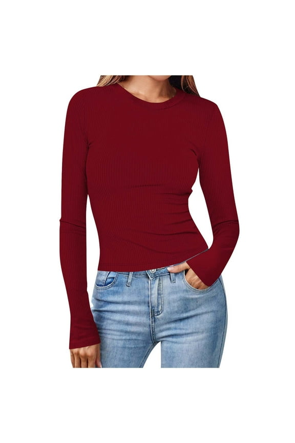 Ribbed Knit Tops for Women Long Sleeve Crewneck Slim Fitted Solid Color Basic Tee Blouses