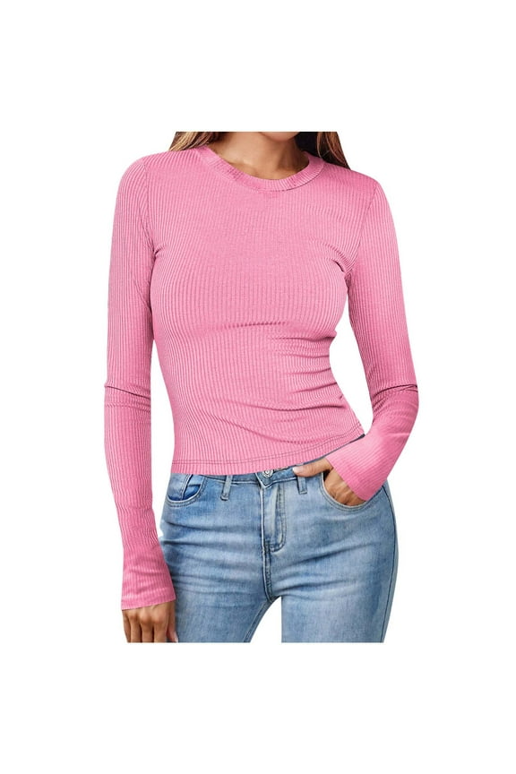 Ribbed Knit Tops for Women Long Sleeve Crewneck Slim Fitted Solid Color Basic Tee Blouses