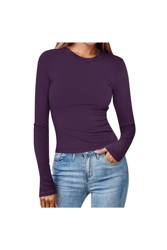 Ribbed Knit Tops for Women Long Sleeve Crewneck Slim Fitted Solid Color Basic Tee Blouses