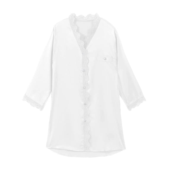Fouhkni Satin Nightgown for Women Long Sleeve Button down Robe Lace Casual Soft Solid Color Sleepwear