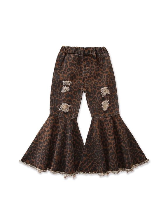 Toddler Baby Girl Jean Pants Kids Flared Denim Pants Ruffled Ripped High Waist Bell Bottoms