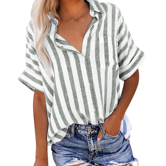 Fouhkni Women Plus Size Button down Shirts Short Sleeve Collared Trendy Striped Vacation Work Blouses