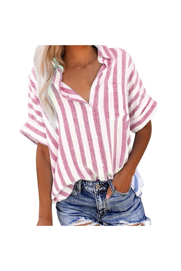 Women Plus Size Button down Shirts Short Sleeve Collared Trendy Striped Vacation Work Blouses