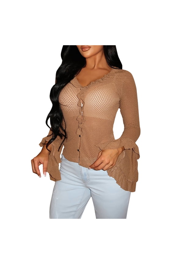 Womens Crop Tops Ruffle Long Sleeve V Neck Button up Shirts See Through Slim Fitted Blouses