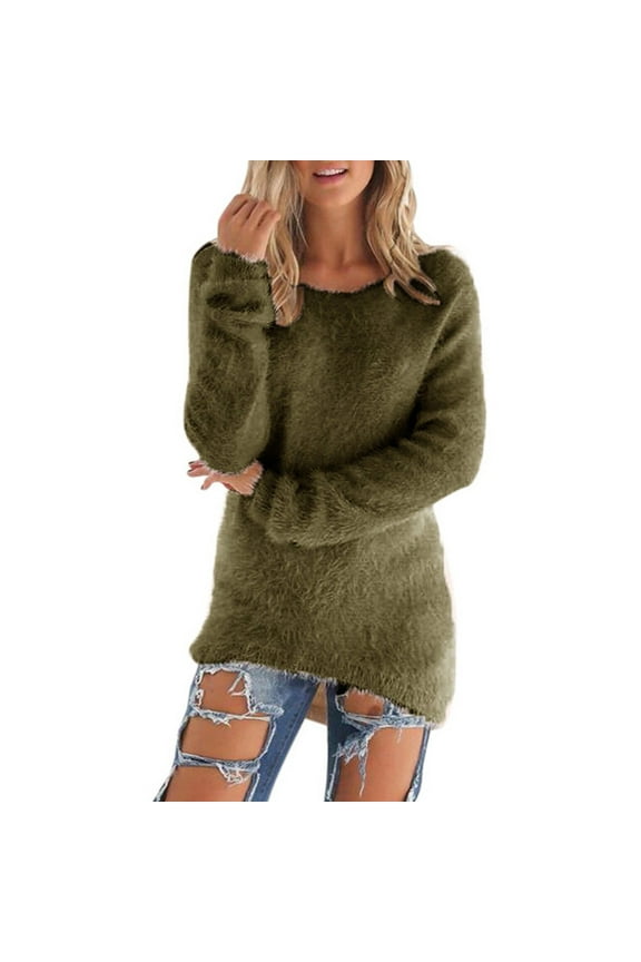 Womens Fall Winter Tops Fuzzy Long Sleeve Crew Neck Loose Fashionable Tunic Pullovers Tops