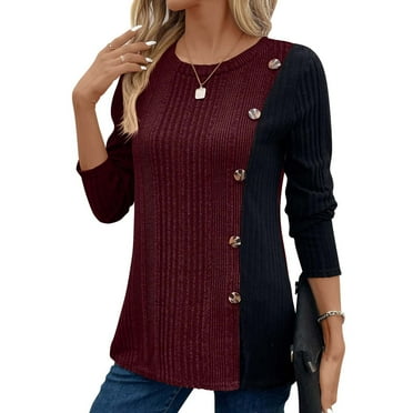 Fouhkni Womens Long Sleeve Shirts Crewneck Color Block Side Buttons Tunic Tops Fall Fashion Sweaters