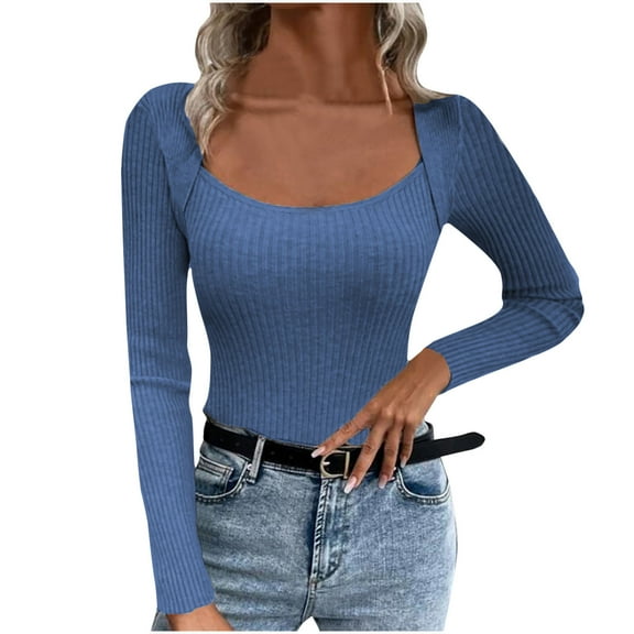 Fouhkni Womens Long Sleeve Shirts Ribbed Knit Scoop Neck Slim Fitted Fall Casual Going out Tops