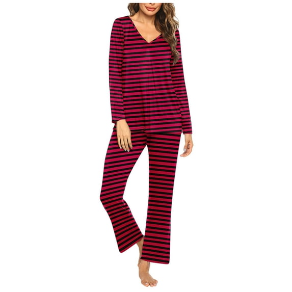 Fouhkni Womens Pajama Sets 2 Piece Striped Sleepwear V Neck Long Sleeve Shirts Pants Loungewear