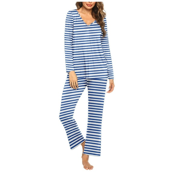 Fouhkni Womens Pajama Sets 2 Piece Striped Sleepwear V Neck Long Sleeve Shirts Pants Loungewear