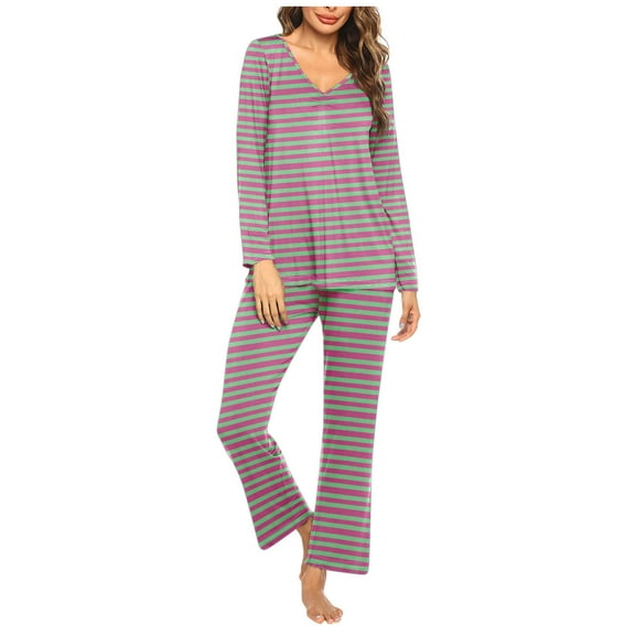 Fouhkni Womens Pajama Sets 2 Piece Striped Sleepwear V Neck Long Sleeve Shirts Pants Loungewear