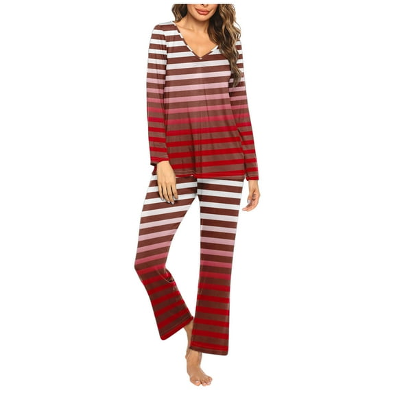 Fouhkni Womens Pajama Sets 2 Piece Striped Sleepwear V Neck Long Sleeve Shirts Pants Loungewear