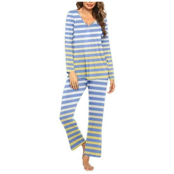 Fouhkni Womens Pajama Sets 2 Piece Striped Sleepwear V Neck Long Sleeve Shirts Pants Loungewear