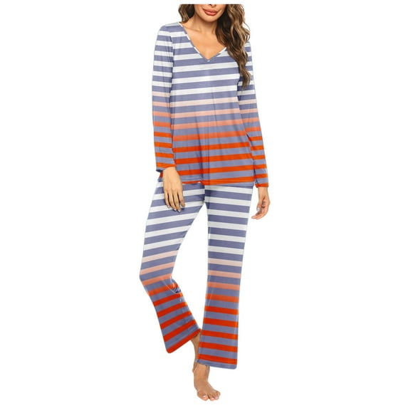 Fouhkni Womens Pajama Sets 2 Piece Striped Sleepwear V Neck Long Sleeve Shirts Pants Loungewear
