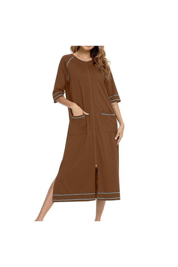 Womens Robes 3/4 Sleeve Full Zipper Housecoat Loose Casual Lightweight Bath Robes with Pockets