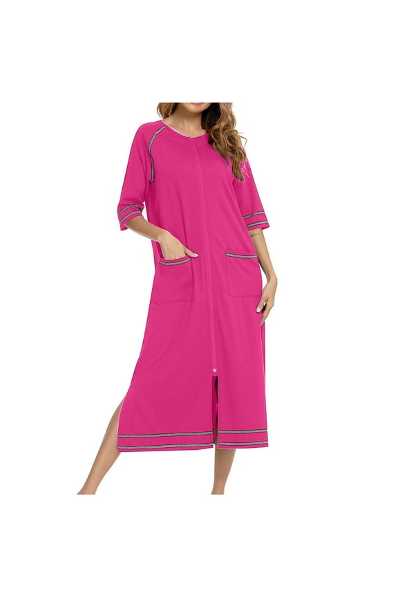 Womens Robes 3/4 Sleeve Full Zipper Housecoat Loose Casual Lightweight Bath Robes with Pockets