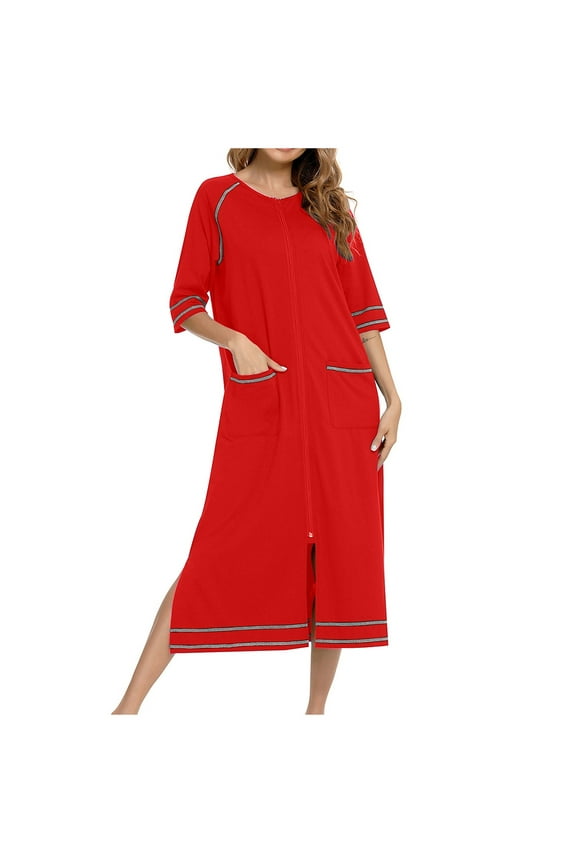 Womens Robes 3/4 Sleeve Full Zipper Housecoat Loose Casual Lightweight Bath Robes with Pockets