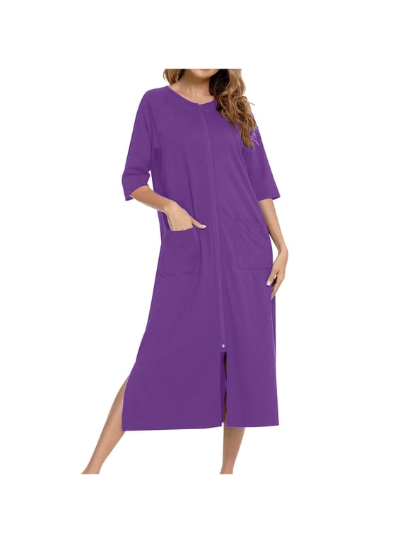 Womens Robes 3/4 Sleeve Full Zipper Housecoat Loose Casual Lightweight Bath Robes with Pockets