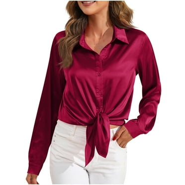 Fouhkni Womens Satin Button down Shirts Dressy Casual V Neck Long Sleeve Tees Elegant Collared Tops