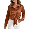 thumbnail image 1 of Fouhkni Womens Satin Button down Shirts Dressy Casual V Neck Long Sleeve Tees Elegant Collared Tops, 1 of 8