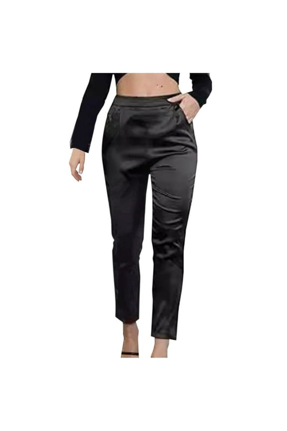 Womens Satin Pants Dress Casual High Waisted Pull on Loose Fitted Lounge Trousers with Pockets
