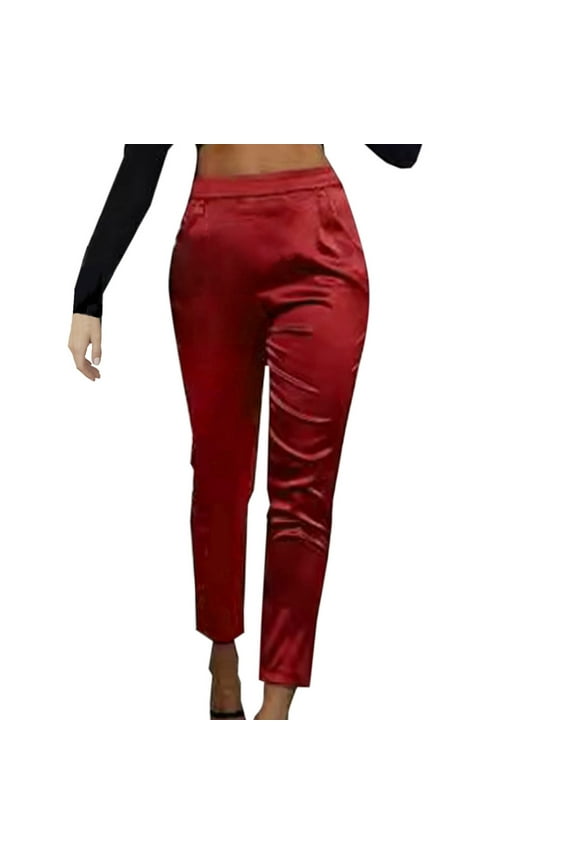 Womens Satin Pants Dress Casual High Waisted Pull on Loose Fitted Lounge Trousers with Pockets