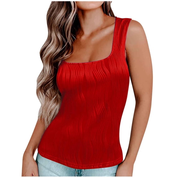 Fouhkni Womens Summer Square Neck Tank Tops Casual Slim Fitted Textured Basic Tops Sleeveless Shirts