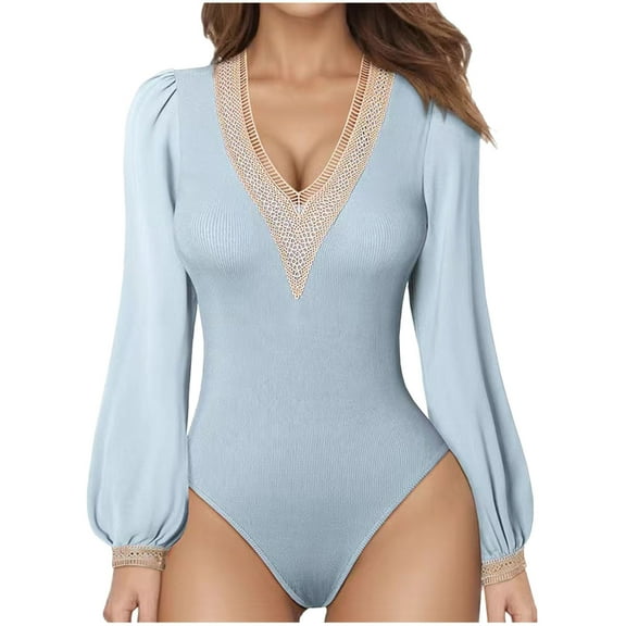 Fouhkni Womens Summer Tops Lace V Neck Stretchy Puff Long Sleeves Dressy Pullover Bodysuit Blouses