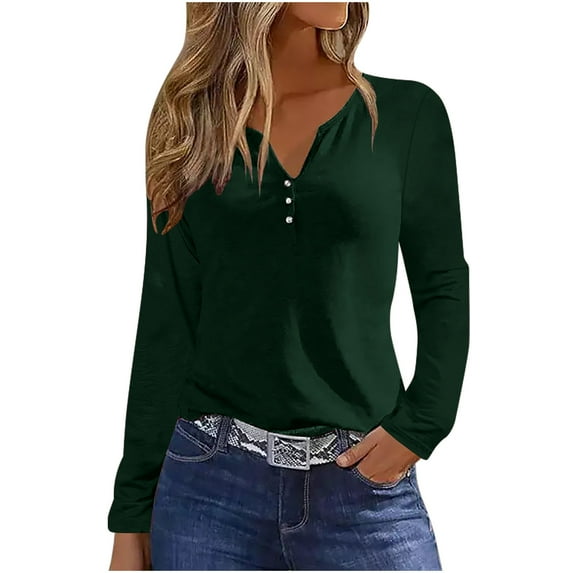 Fouhkni Womens Tunic Tops Loose Fitted Long Sleeve Notch V Neck Casual Fall Plain Comfy Shirts