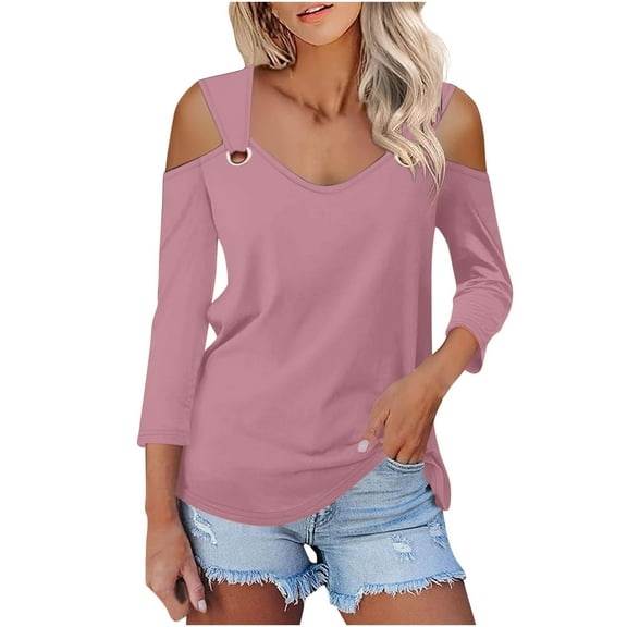 Fouhkni Womens V Neck 3/4 Sleeve Shirts Loose Fitted Cold Shoulder Tops Solid Color Basic Tees