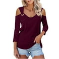 thumbnail image 1 of Fouhkni Womens V Neck 3/4 Sleeve Shirts Loose Fitted Cold Shoulder Tops Solid Color Basic Tees, 1 of 6