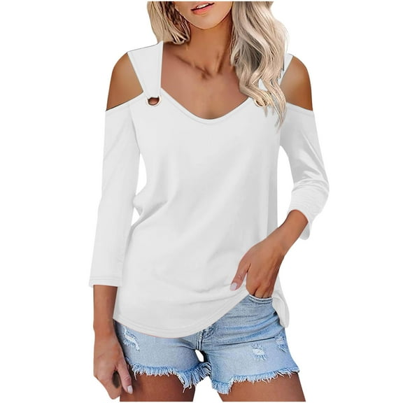 Fouhkni Womens V Neck 3/4 Sleeve Shirts Loose Fitted Cold Shoulder Tops Solid Color Basic Tees
