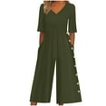 thumbnail image 1 of Fouhkni Womens Wide Leg Jumpsuits Short Sleeve V Neck Casual Loose Comfy Button Split Rompers with Pockets, 1 of 6