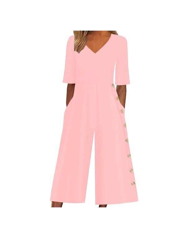 Womens Wide Leg Jumpsuits Short Sleeve V Neck Casual Loose Comfy Button Split Rompers with Pockets