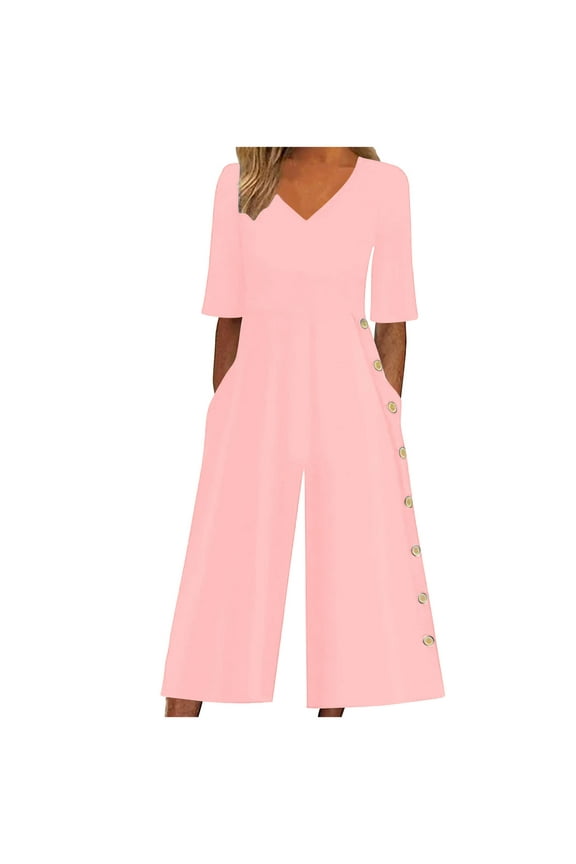 Womens Wide Leg Jumpsuits Short Sleeve V Neck Casual Loose Comfy Button Split Rompers with Pockets